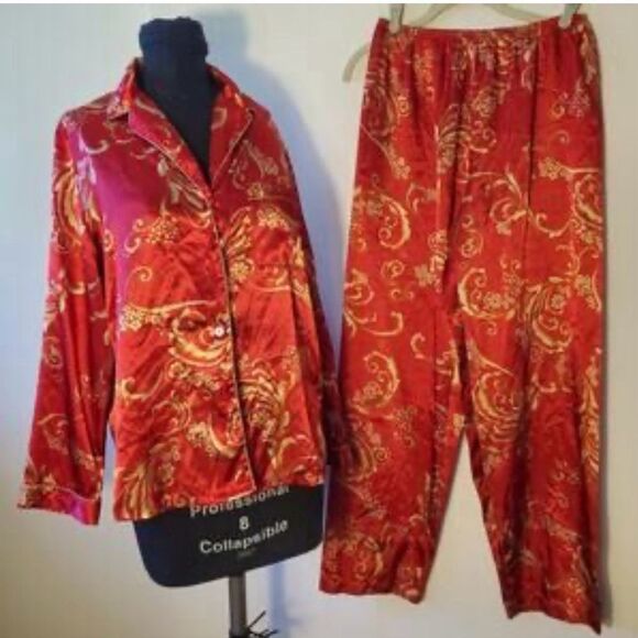 Morgan Taylor XL Vintage Style Satin Red Gold Notch Collar Intimates PJ Set - Picture 1 of 1